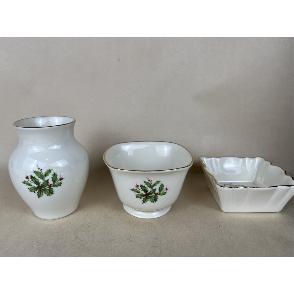 Lenox Christmas Holiday Set Of 3 - Vase,‎ Treat Bowl, Candy Dish 24k Gold EUC